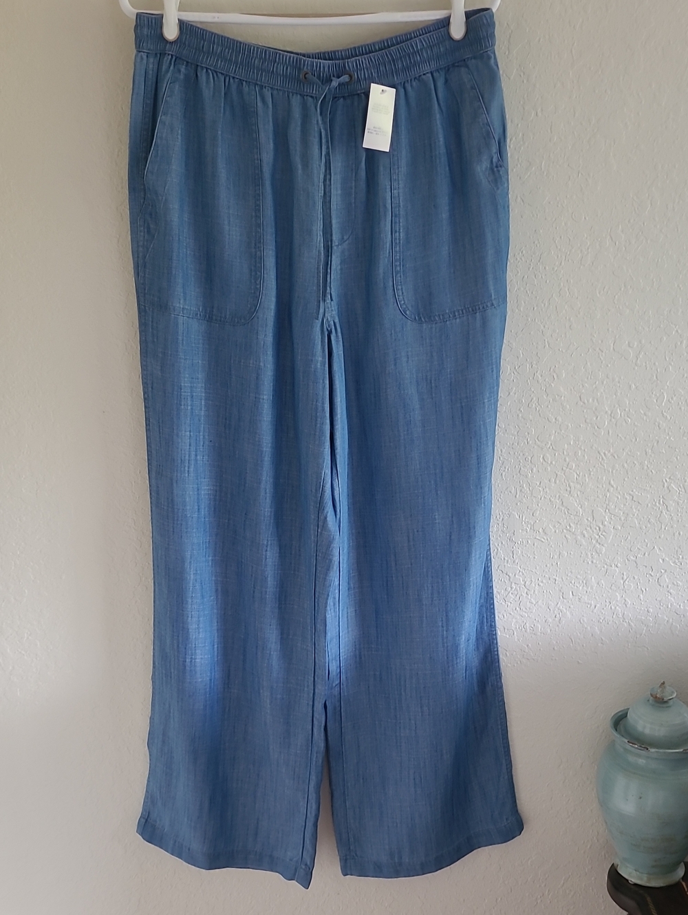 Lands' End Chambray Hi Rise Wide-Leg Pull On Drawstring Pants. Sz. 14 NWT.